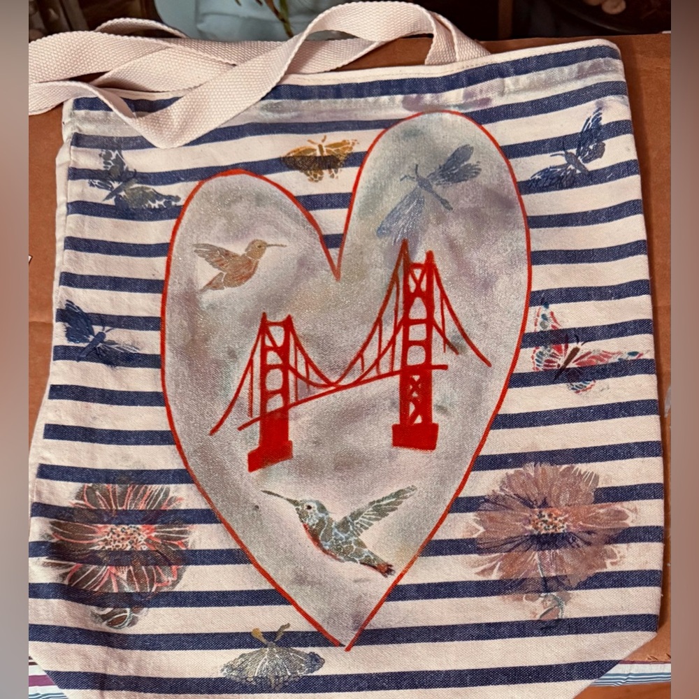 Striped canvas Tote Bag with Heart and Golden Gate Bridge Handmade